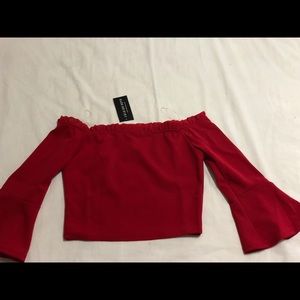 Off the shoulder, red crop shirt